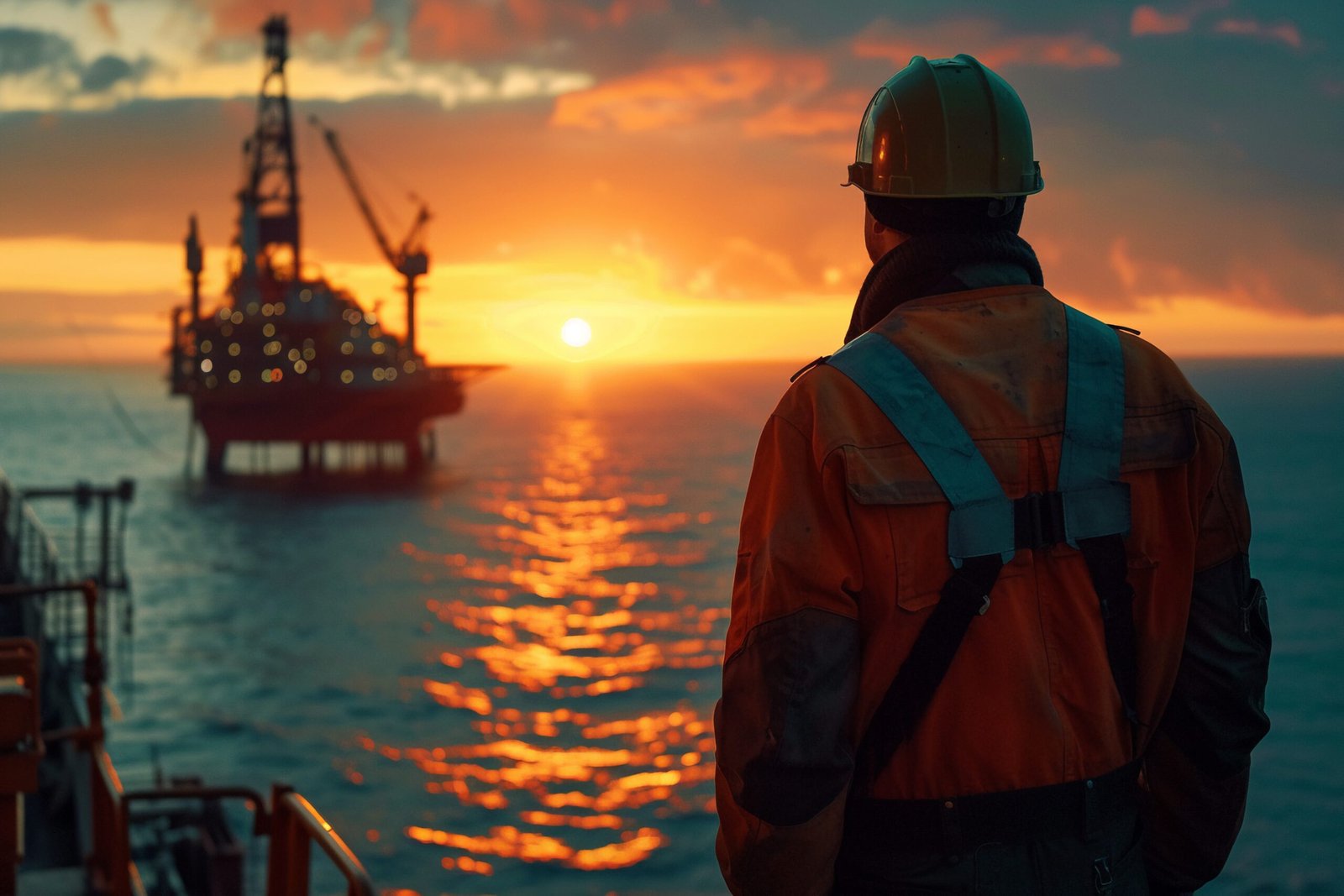Worker in safety gear observes offshore drilling operations against a stunning sunset backdrop, symbolizing the energy industry.