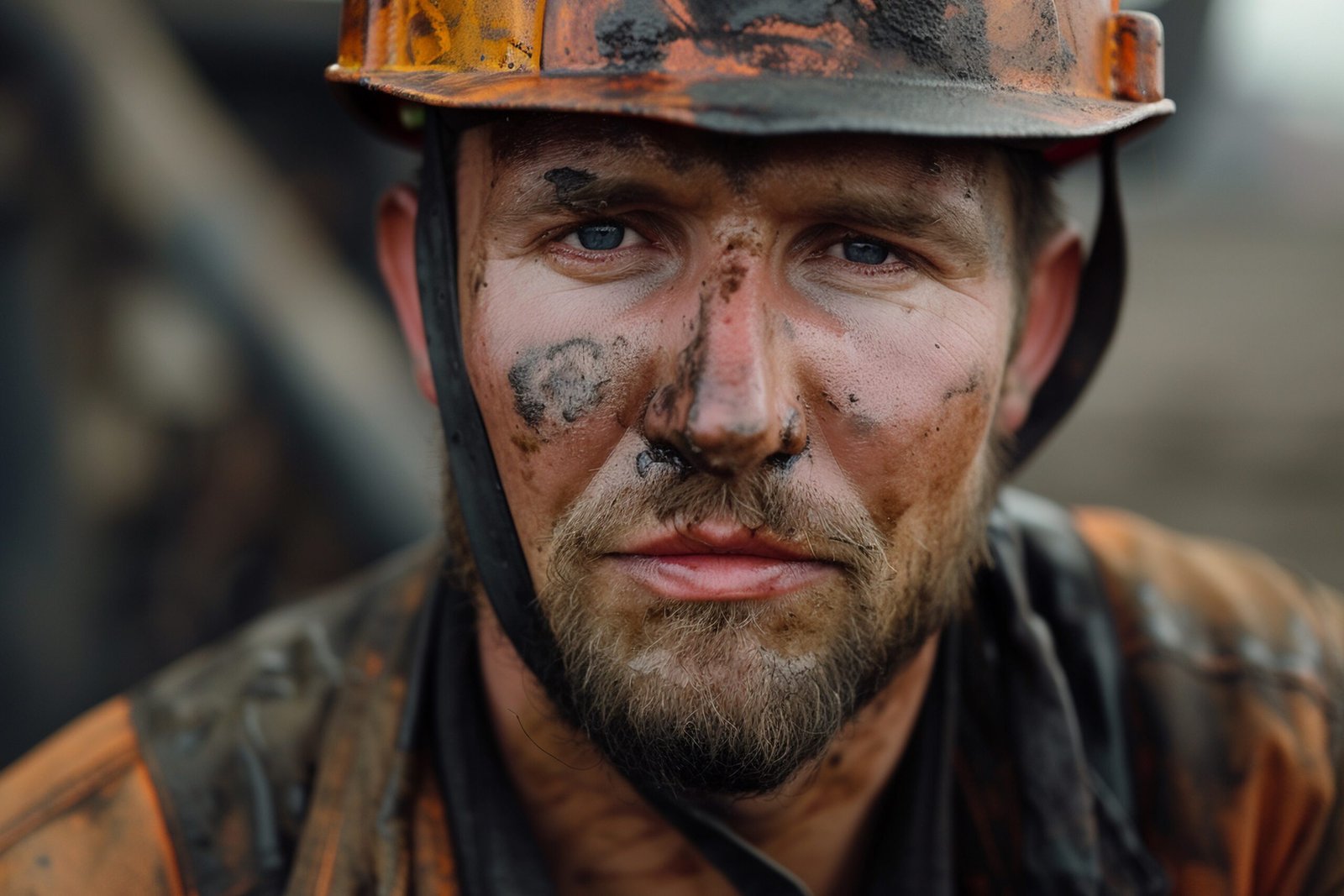 A close-up portrait of a weary young oil rig worker with dirt on his face, wearing a hard hat at a drilling site.