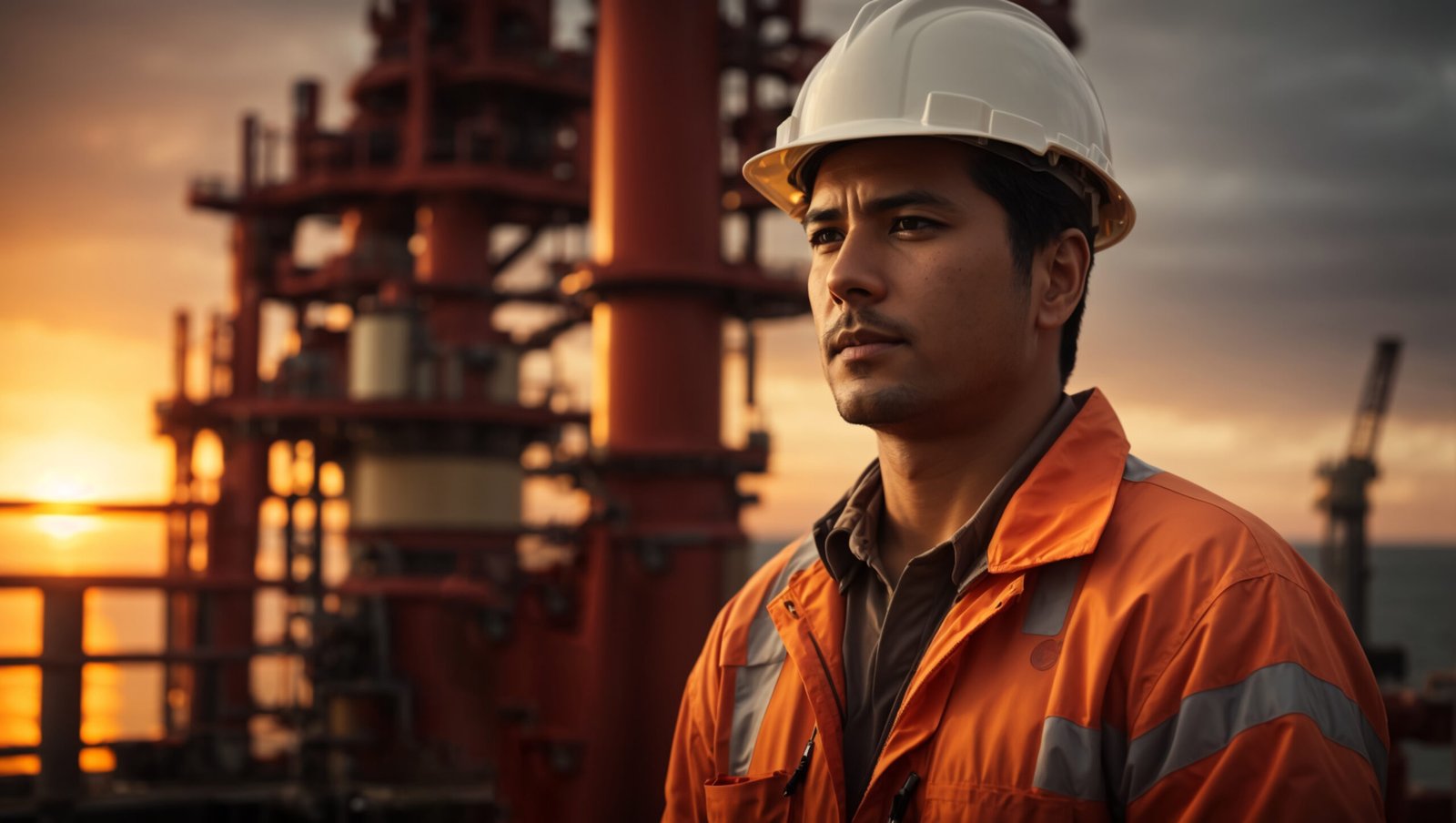 Portrait of a man oil rig worker with a helmet in front of the offshore rig with sunset background. ai generative