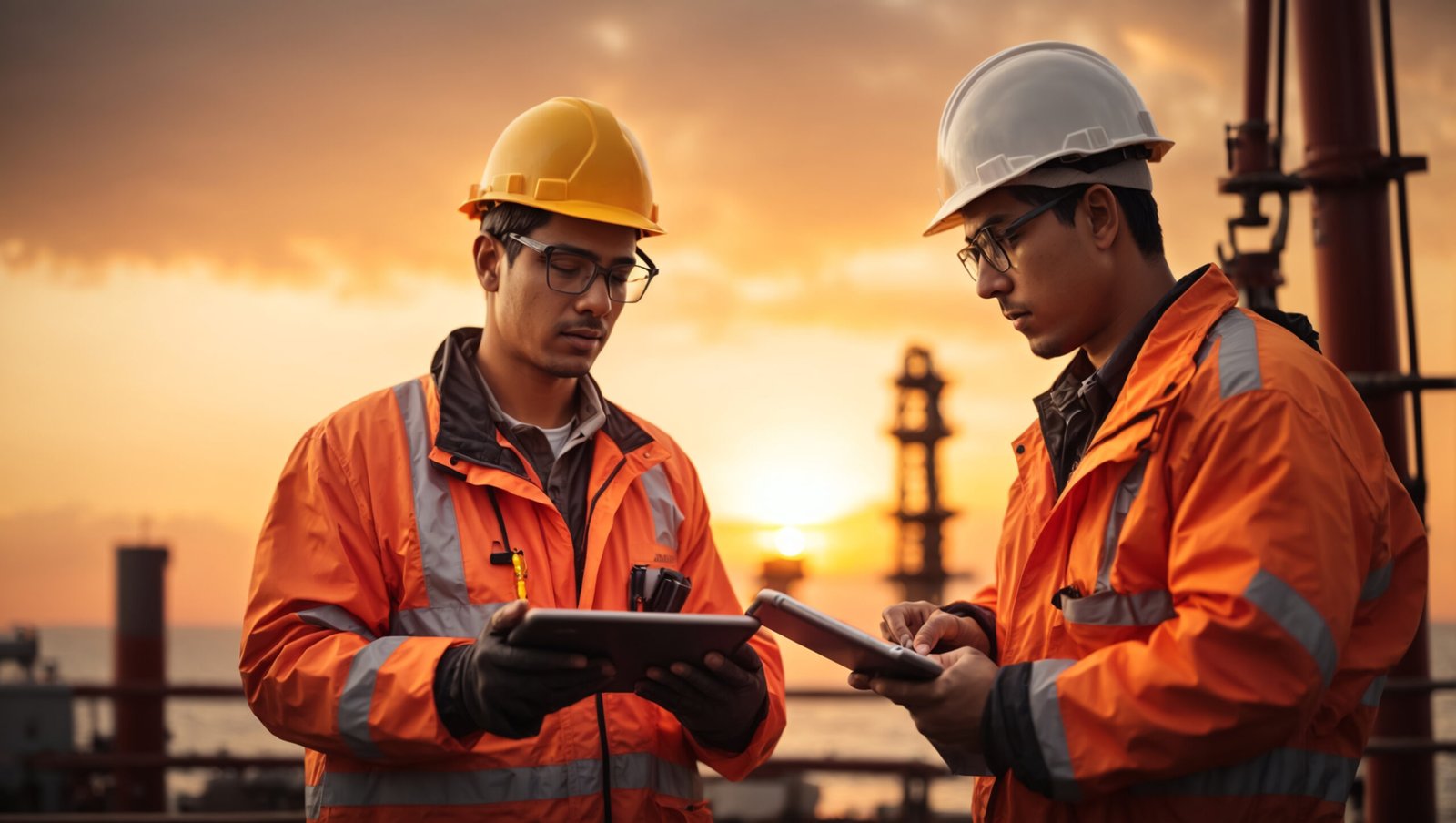 Portrait of two man oil rig worker with a helmet in front of the offshore rig with sunset background. ai generative